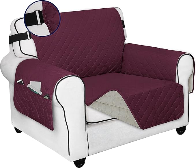 PureFit Reversible Sofa Cover Water Resistant Chair Couch Cover, Machine Washable Furniture Cover with Non-Slip Foam and Adjustable Strap for Dogs, Pets (Chair, Wine/Beige)