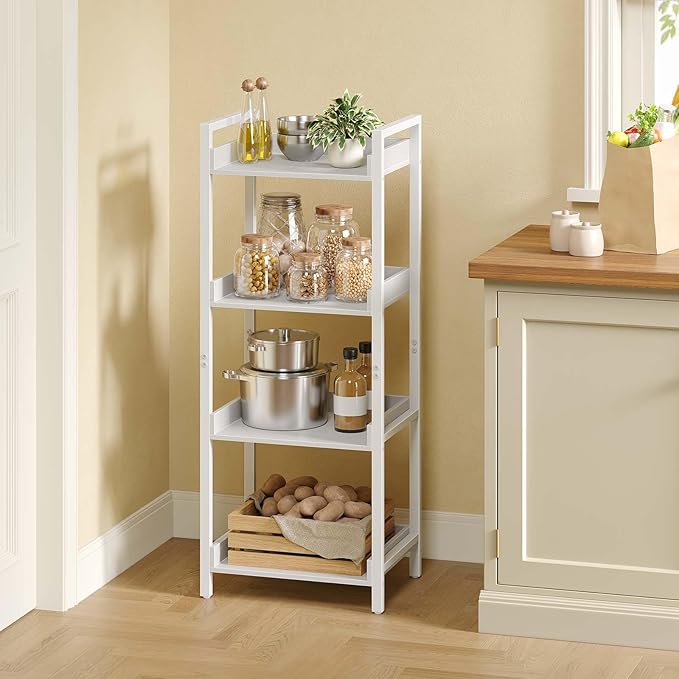 Rolanstar Bookshelf, 4-Tier Storage Rack, Narrow Corner Bookshelf, Display Wooden Shelves for Living Room, Bathroom, Balcony, Kitchen,White