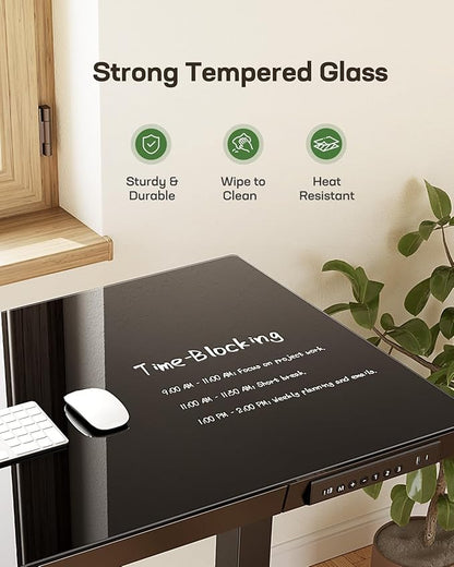 Marsail Glass Standing Desk with Drawer,55 x 28 inch Electric Standing Desk, Sit Stand Desk with One-Piece Tabletop & USB Charging Ports, Height Adjustable Desk with Storage for Home & Office Black