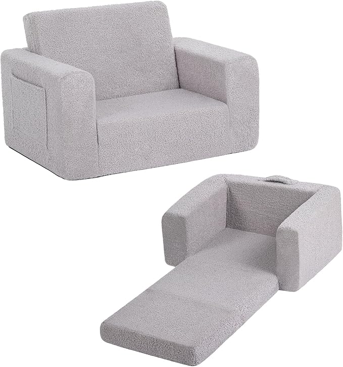 Welnow Toddler Chair, 2-in-1 Soft Sherpa Kids Sofa, Convertible Toddler Couch Lounger, Flip Out Kids Couch Chair with Side Pockets & Removable Cover for Girls and Boys, Grey