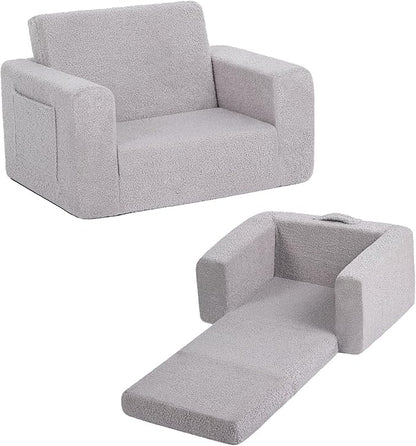 Welnow Toddler Chair, 2-in-1 Soft Sherpa Kids Sofa, Convertible Toddler Couch Lounger, Flip Out Kids Couch Chair with Side Pockets & Removable Cover for Girls and Boys, Grey