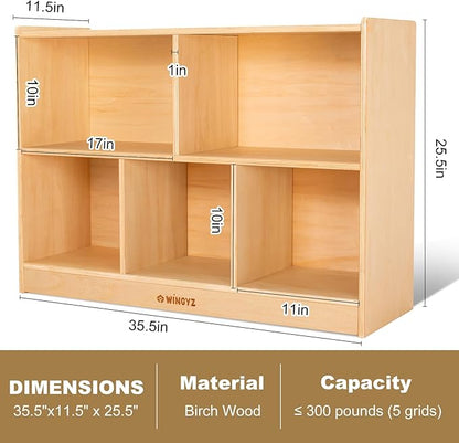 wingyz Wood Storage Shelf Organizer, 35.4" L, 5-Section Montessori Kids Toy & Book Shelf, Wooden Cabinet for Kids Rooms, Playroom, Classroom, Nursery, Preschool Furniture - Nature