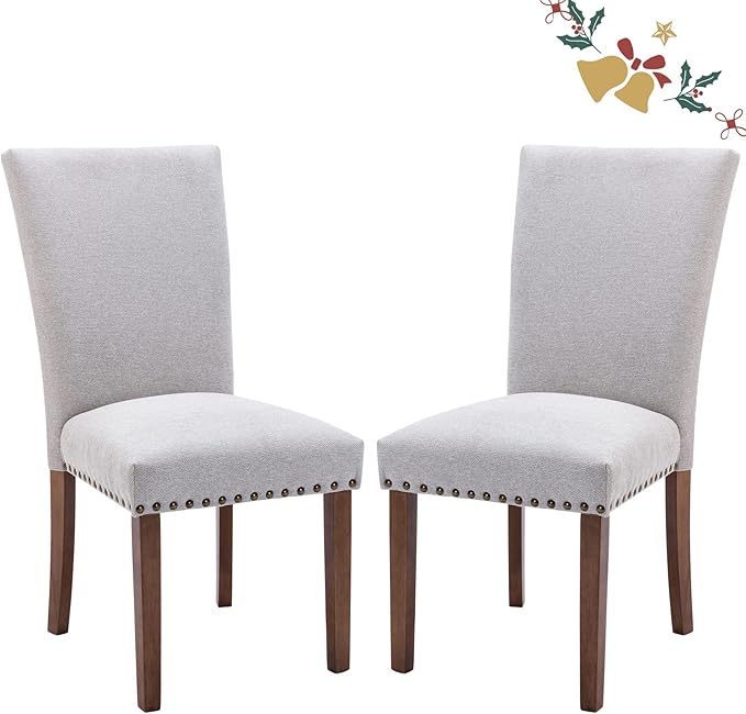 Parsons Dining Chairs Set of 2, Upholstered Nailhead Dining Room Kitchen Side Chair with Thick Cushions and Wood Legs, Light Grey