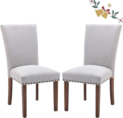 Parsons Dining Chairs Set of 2, Upholstered Nailhead Dining Room Kitchen Side Chair with Thick Cushions and Wood Legs, Light Grey