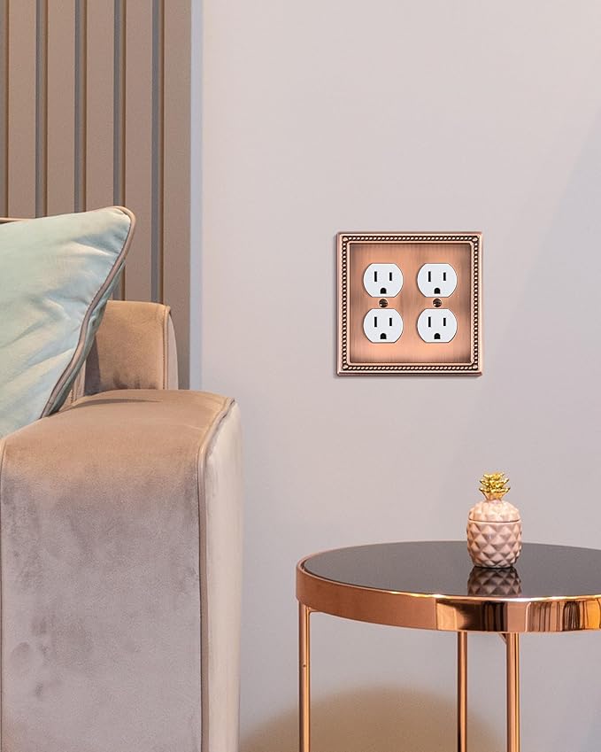 2-Pack Double Duplex Outlet Cover, Metal Switch Plates and Outlet Covers, Antique Copper Pearls Decorative Wall Plates for Electrical Outlets, 2 Gang Receptacle Cover, Corrosion Resistant