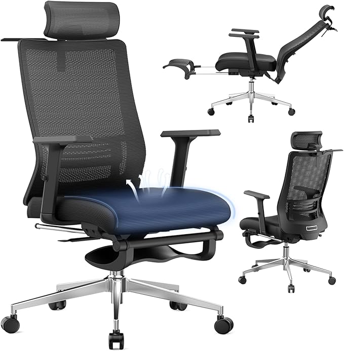 Ergonomic Office Chair, Adjustable Lumbar &Headrest, 3D Armrests, Silent Wheels, 145° Reclining Chair with Footrest, Large Steel Base, 350 LBS Swivel Desk Chair