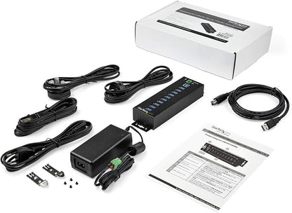 StarTech.com 10-Port USB 3.0 Hub with Power Adapter - Metal Industrial USB-A Hub with ESD & 350W Surge Protection - Din/Wall/Desk Mountable - High Speed USB 3.0 (5Gbps) - (5Gbps) Hub, TAA