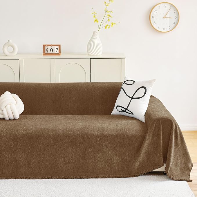hyha Couch Cover for Dogs, Boho Sofa Covers for 3 Cushion Couch Washable, Chenille Sofa Slipcover for Pets, Soft Loveseat Sectional Couch Throw Blankets with Tassels (Chocolate, 88.5x118 Inch)
