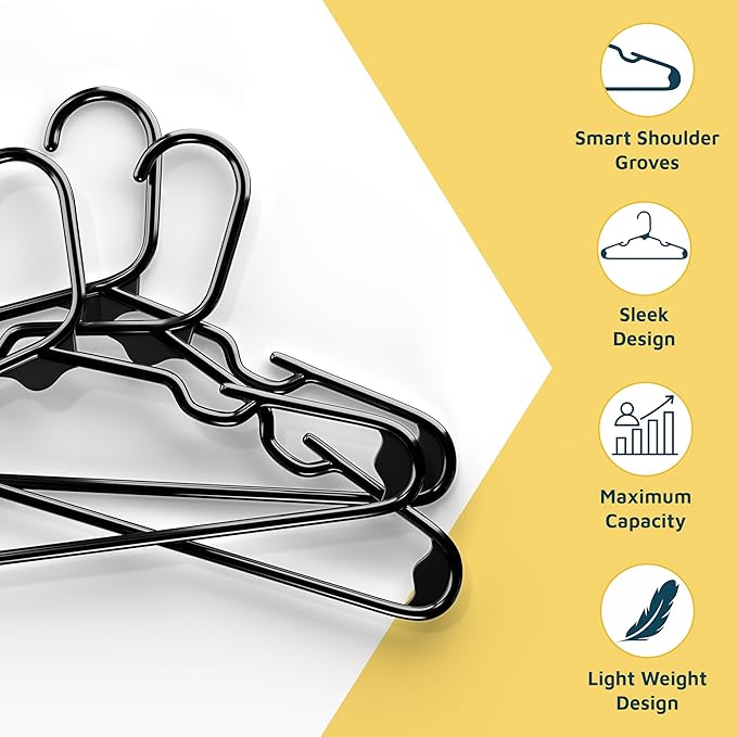 Lifemaster Plastic Kids Clothes Hanger – Children Clothes Hanger with Shoulder Notch, 11.6 Inch Space-Saving Closet Organizer for Baby, Toddler, and Kids Clothing, Hold Up to 5 lbs, Pack of 50, Black