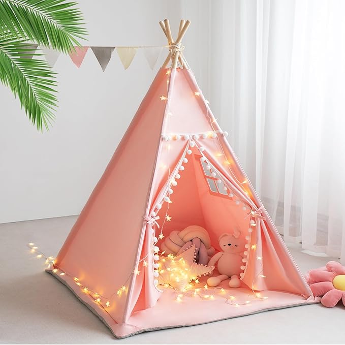 Teepee Tent for Kids with Mat, Star Lights, Carry Case, Cotton Canvas Playhouse, Foldable Tents, Portable Children Play Tent Indoor Outdoor (Pink)