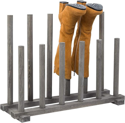 MyGift Vintage Weathered Gray Solid Wood Floor Standing Boot Holder Rack, Wooden Entryway Shoe Storage Organizer Stand Holds 6 Pairs of Tall and Short Boots