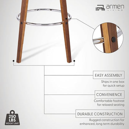 Armen Living Shelly 30" Bar Height Swivel Cream Faux Leather and Walnut Wood Bar Stool - Set of 2