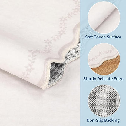 GarveeHome Round Area Rugs 4ft for Kids Room, Solid Beige Scalloped Washable Circle Rug Soft Non Slip Floral Print Floor Mat Carpet Indoor Thin Tent Rug for Bedroom Dining Room Playroom Nursery