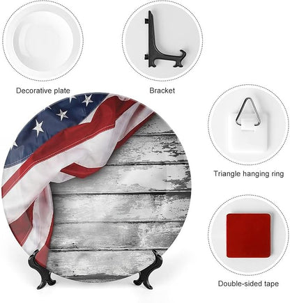 Decorative Plates, American Flag Print Ornament, Flag on Wood Planks, 8 Inch, Kitchen Wall Decor, Multicolor