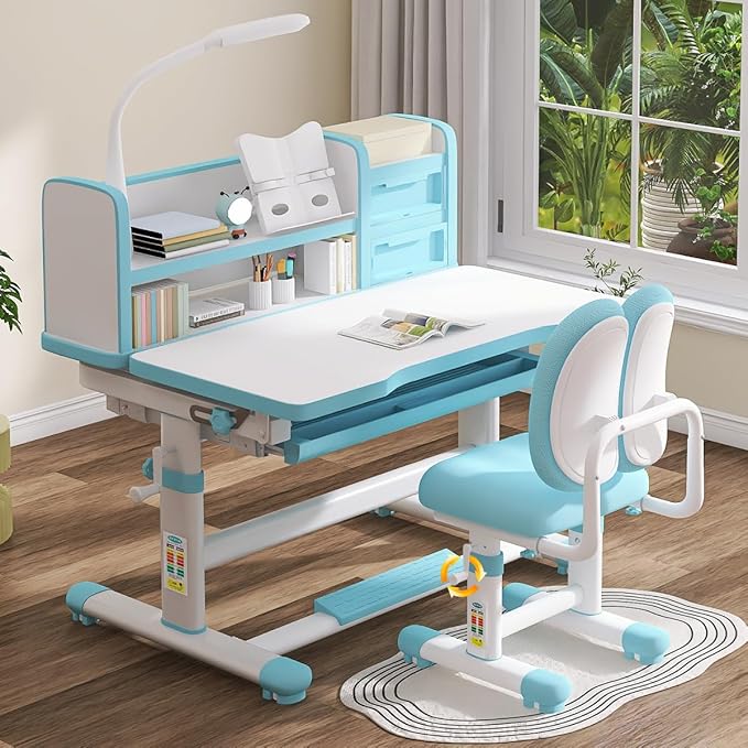 Kids Desk and Chair Set 3-18 Years Ergonomic Height Adjustable Children School Study Desk with Tilt Desktop, Drawer Boy and Girl Table and Chair Set 3 Modes Light