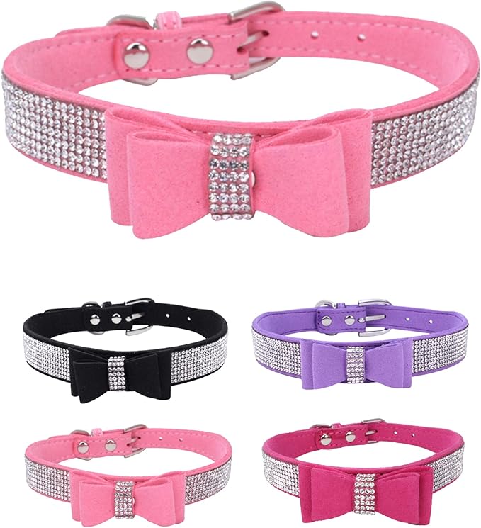 Rhinestone Dog Collar for Small Medium Large Dogs, Adjustable Leather Suede Bling Dog Collars，Diamond Bow Tie Puppy Collars for Boy and Girl.