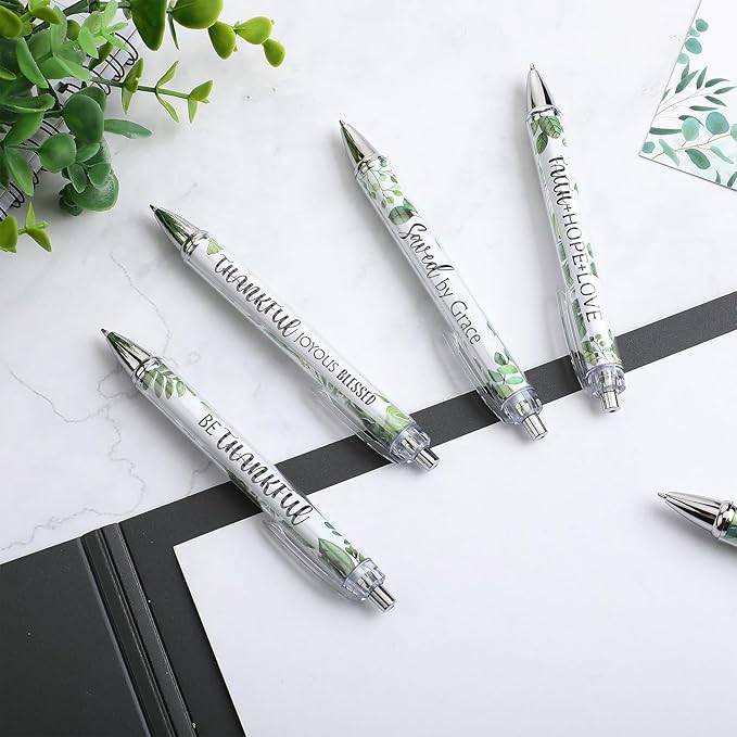 Tinlade 10 Pcs Christian Pens for Women Religious Ink Pens Easter Gifts Inspirational Quotes Bible Verse Ballpoint Funny Office Supplies for Women Men Coworker(Green Leaves)