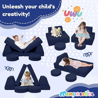 MeMoreCool Kids Couch for Playroom, Corduroy Convertible Toddler Couch, 8 Piece Modular Play Sofa, Foam Fort Building Set for Child Room Furniture, Navy