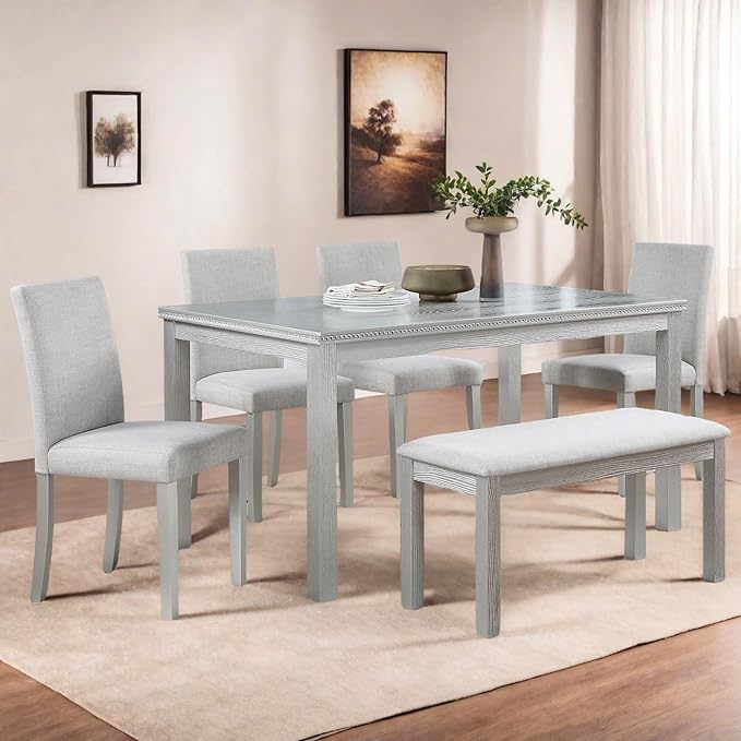 Dining Table Set for 5, 6 Piece Dining Room Table Set with Rectangular Crystal Decoration Table, 4 Upholstered Chairs and Bench, Counter Height Kitchen Sets with MDF Tabletop, Silver Gray