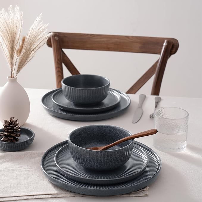 Famiware Starlight Plates and Bowls Dishes Set of 4 (12 Pieces), Ribbed Textured Stoneware Dinnerware Sets- Dishwasher & Microwave Safe, Chip Resistant, Matte Midnight Grey
