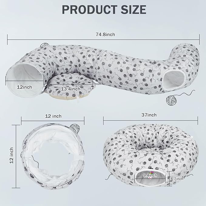 Ownpets Large Cat Tunnel, Soft Plush Cat Donut Tunnel Bed with Washable Cushion, Peekaboo Cat Tube for Indoor Kitten, Puppy, Rabbit, Gray