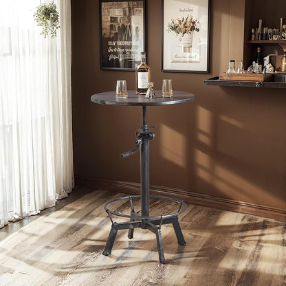 LOKKHAN 33.5"-39.4" Tall Industrial Bar Table-Adjustable Bar Height Pub Table-23.7" Dia Swivel Round Metal Top-Easily Adjusts by Crank Handle, Silver Gray