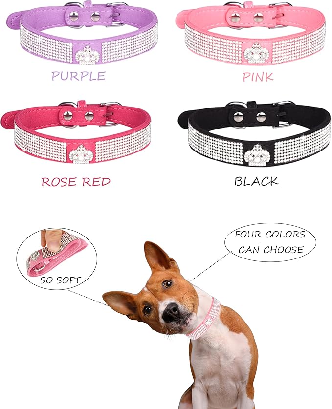 Dog Collar for Small Dogs, Adjustable Leather Suede Bling Dog Collars，Pink Dog Collar Cat Collar, Rhinestone Dog Collar (L, Rose red3)