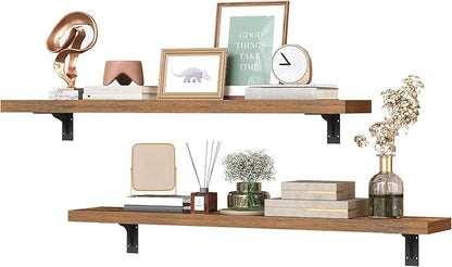 HOOBRO Floating Shelves for Wall, 31.5" Wall Mounted Shelves Set of 2, Hanging Storage Shelf with Metal Brackets, Wooden Shelf for Living Room, Bedroom, Bathroom, Rustic Brown and Black BF82BJP201G1