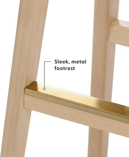 Plank+Beam Beryl Bar Height Stool - Mid-Century Modern Rubberwood Bar Stool with Faux Leather Seat, Metal Footrest, Easy Assembly, 2-Pack, Blonde/Sesame