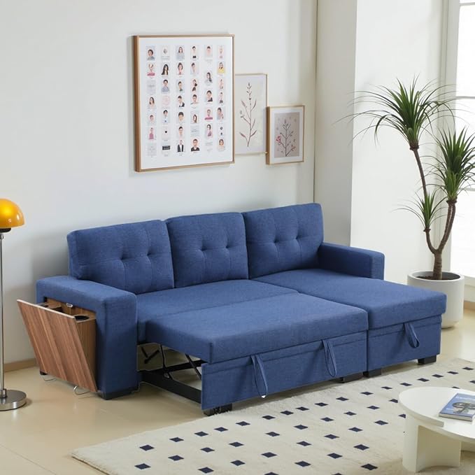 L-Shape Sofa Bed, 92" Sectional Couch with Storage Chaise, Pull Out Sleeper Sofa with Side Compartment, Convertible Corner Couch for Living Room Apartment, Blue
