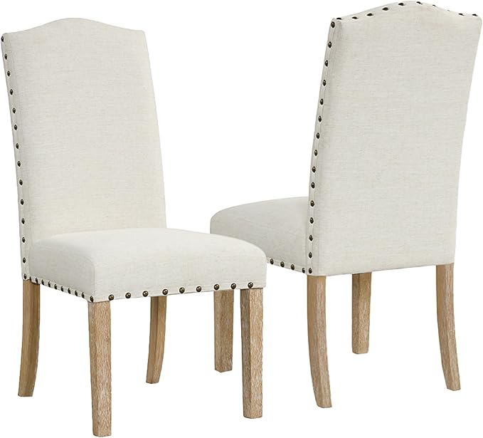 HomePop Home Decor | Classic Upholstered Parsons Dining Chairs | Curver Top Dining Chairs with Nailhead Trim, Vanilla Cream Textured Woven (Set of 2)