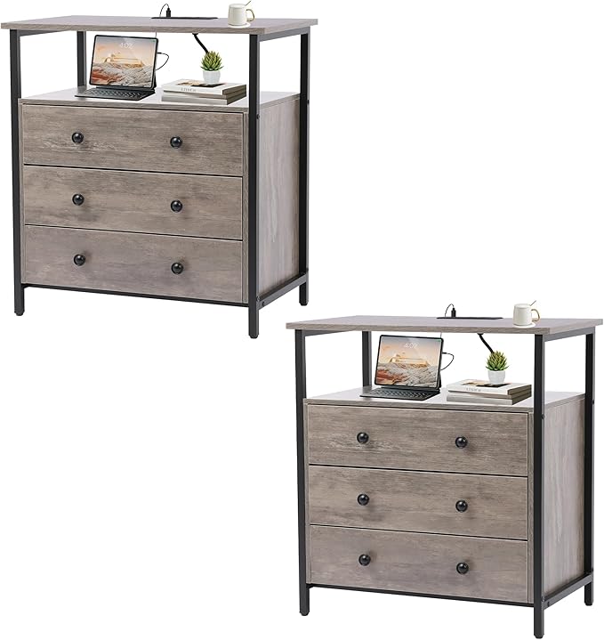 3 Wooden Drawers Nightstand, 27 Inch Wide Night Stand Set 2 with Charging Station and Adjustable Drawers, Bedside Table for Living Room/Bedroom/Office, Gray.