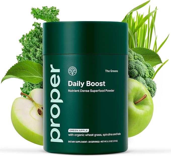 Proper, The Greens Daily Boost Organic Greens Powder. Whole Food, Apple Flavour Veggie Powder Superfood with Wheatgrass, Spirulina, Chlorella, Probiotics. Daily Drink Mix for Wellness and Digestion