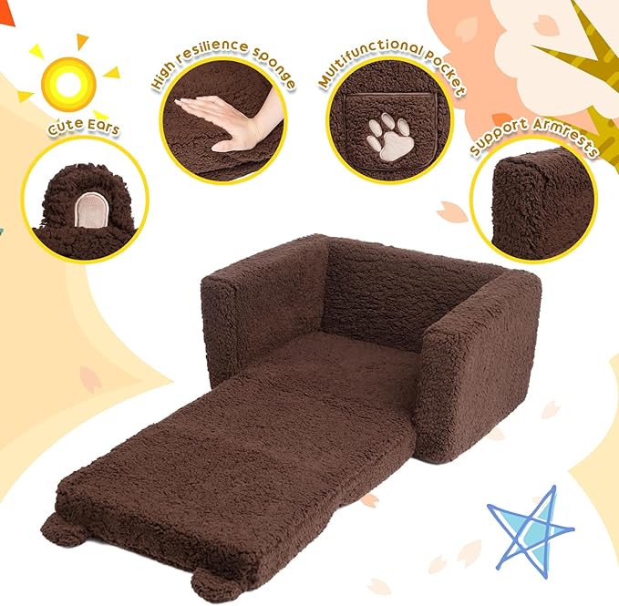 ALIMORDEN Fold Out Toddler Couch, Comfy 2-in-1 Cuddly Sherpa Bear Chair for Kids, Convertible Sofa to Lounger, Kids Cozy Corner Play Couch for Boys and Girls, Chocolate
