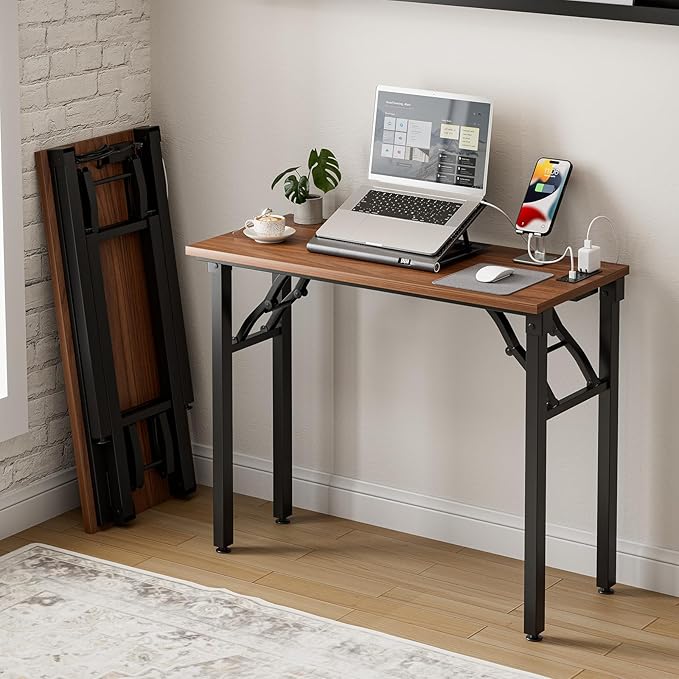 Frylr Small Folding Computer Desk – 35.8 Inch Portable Table for Craft and Study, Lightweight Desk for Small Spaces, Foldable Laptop Table Built-in AC/USB Outlets for Convenience, Dark Walnut