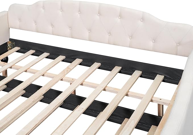 Full Size Linen Upholstered Tufted Daybed with Twin Size Trundle,Sofa Bed,No Box Spring Needed, Furniture for Bedroom Living Room Guest Room,Beige