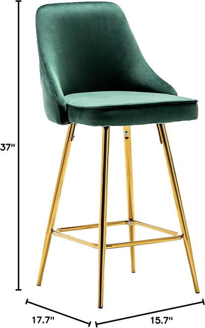 BTEXPERT Set of 2 Pack, upholstered Dining Bar Chairs Footrest High Back Counter Height Barstools Stool, Tufted Green Velvet Gold Frame 25" Modern Kitchen Island