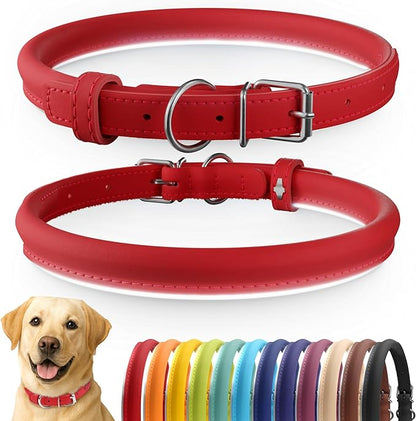 CollarDirect Rolled Leather Dog Collar, Soft Padded Round Puppy Collar, Handmade Genuine Leather Collar Dog Small Large Cat Collars 13 Colors (15-19 Inch, Red Smooth)