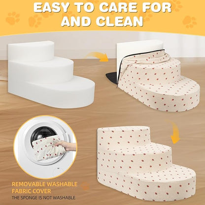 Dog Stairs for Small Dogs, Foam Steps for Small Dogs & Cats, 3 Steps Dog Ramp for High Beds, Couch, Window, Sofa, Pet Stairs with Removable Washable Cover, Non-Slip Sturdy Pet Steps, Strawberry