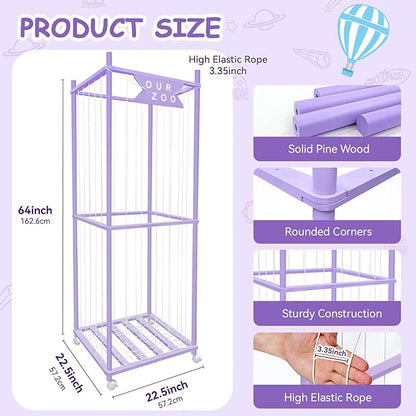 Stuffed Animal Storage Zoo with Wheels, Wooden Large Stuff Animals Plushies Holder Toy Organizer Kids Plush Storage Cage with Elastic Band and Net for Nursery Playroom Corner for Toddler (Purple)