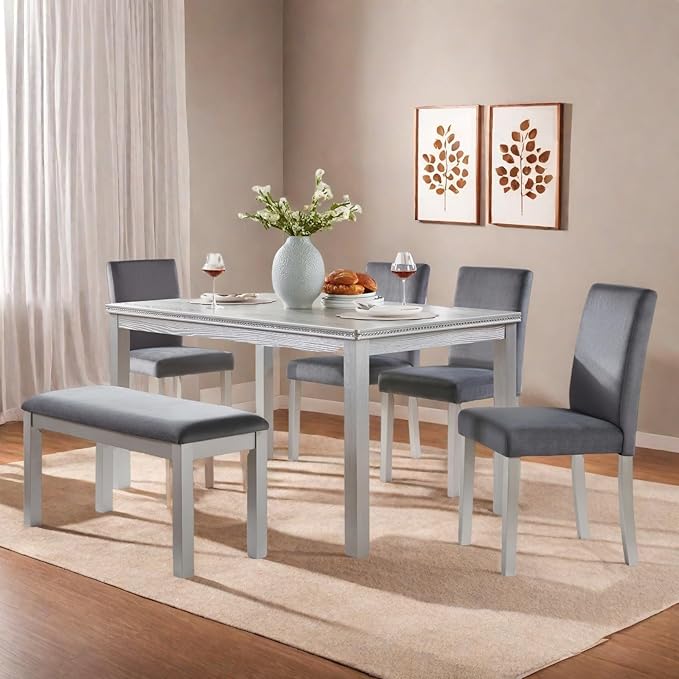 Dining Table Set for 5, 6 Piece Dining Room Table Set with Rectangular Crystal Decoration Table, 4 Upholstered Backrest Chairs and Bench, Counter Height Kitchen Sets with MDF Tabletop, Grey