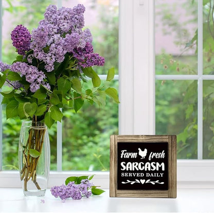 Farm Fresh Sarcasm Served Daily - Rustic Wooden Tabletop Decor Sign for Kitchen or Dining Room