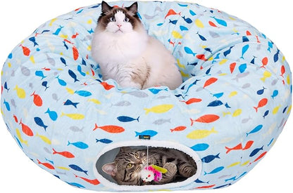 Ownpets Large Cat Tunnel Bed, Soft Plush Cat Donut Tunnel Bed with Washable Cushion, Peekaboo Cat Cave for Indoor Kitten, Puppy, Rabbit, Blue