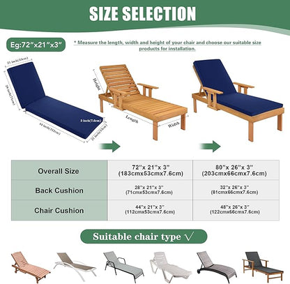 Chaise Lounge Cushions Outdoor Set of 2 - Waterproof and Fade Resistant Sun Lounger Replacement Cushions - Patio Lounger Pads with Removable Cover for Pool, Deck, 72 x 21 x 3 Inch, Navy