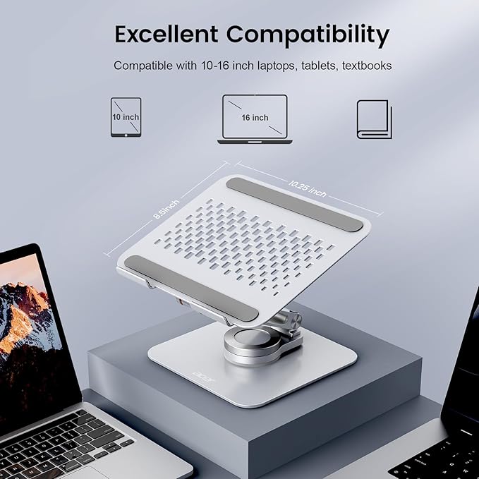 acer Laptop Stand for Desk - with 360 Swivel Base, Rotating Laptop Riser for Desk, Adjustable Computer Stand for Laptops, Ergonomic Riser Holder Foldable, Portable MacBook Pro Air (10-16") - Silver