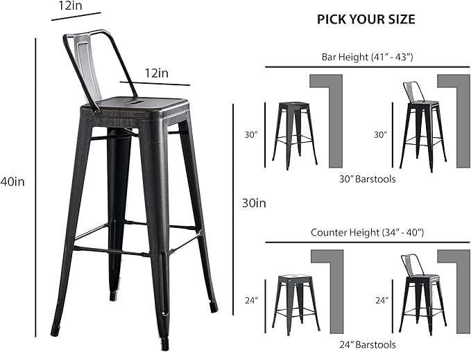 AC Pacific 30” Metal Barstool Set of 4 – Country Rustic Style with Low Back, Lightweight & Sturdy Build, Easy Assembly – Distressed Black
