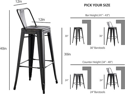AC Pacific 30” Metal Barstool Set of 4 – Country Rustic Style with Low Back, Lightweight & Sturdy Build, Easy Assembly – Distressed Black
