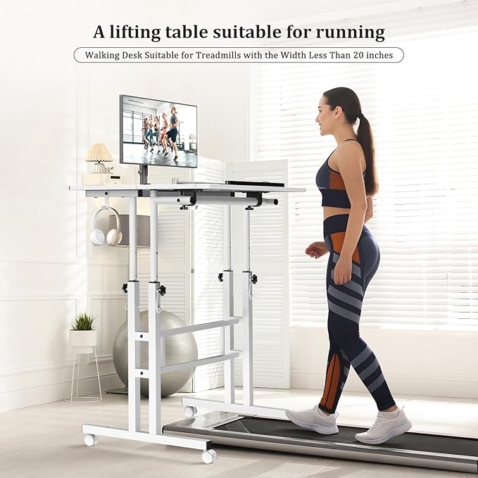 Small Standing Desk with Wheels, Mobile Stand Up Desk, Portable Standing Table on Wheels for Walking Pad, Rolling Computer Desk Adjustable Height, Tall Table