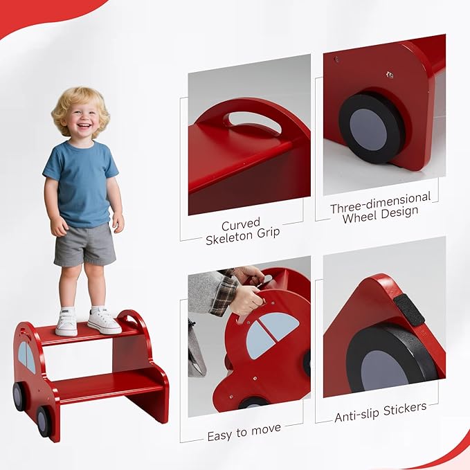 Wooden 2 Step Stool for Toddlers|Red Car Kids Stool with Handle and Non-Slip Sticker,Safety Bathroom Sink Stepstool for Boys & Girls,Children Foot Stool for Kitchen, Bedroom,and Toilet Training
