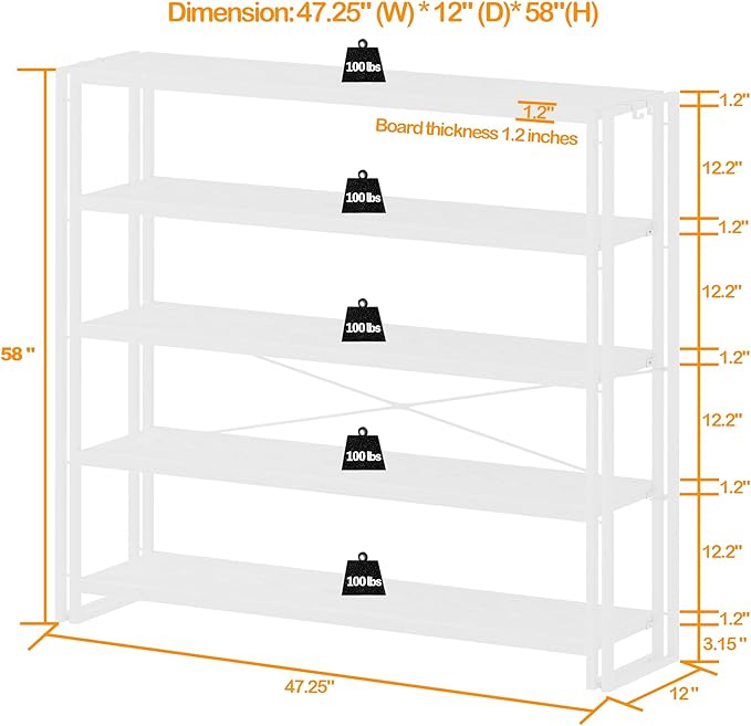 HCHQHS Bookshelf, 5-Tier Industrial Bookcase, White Open Book Shelf, Freestanding Tall Bookshelves with Metal Frame